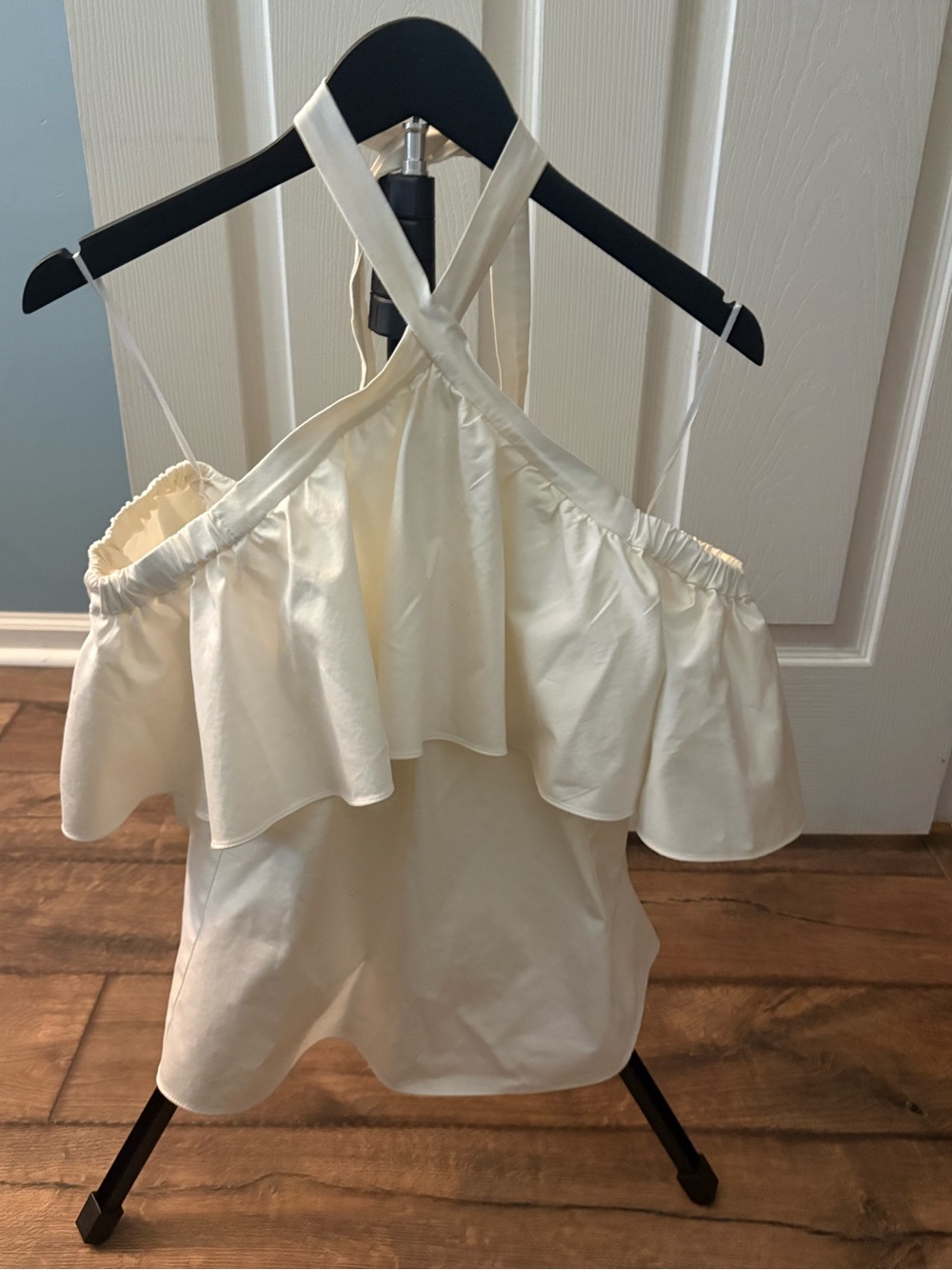 Rebecca Taylor Cross-Neck Ruffle Off-Shoulder Crop Top- White